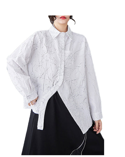 ellazhu Women's Shirt Long Sleeve Lapel Solid Split Asymmetrical Hem Tops Button Up Casual Loose Baggy GZ357 Black