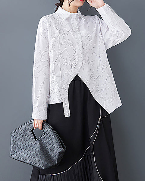 ellazhu Women's Shirt Long Sleeve Lapel Solid Split Asymmetrical Hem Tops Button Up Casual Loose Baggy GZ357 Black