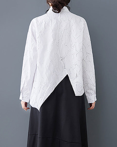 ellazhu Women's Shirt Long Sleeve Lapel Solid Split Asymmetrical Hem Tops Button Up Casual Loose Baggy GZ357 Black