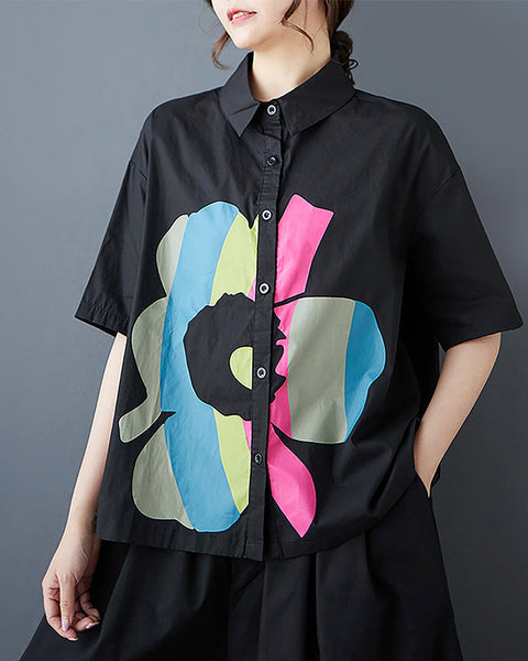 ellazhu Women's Shirt Button Down Floral Casual Loose Short Sleeve Lapel Straight Hem GZ364 Black