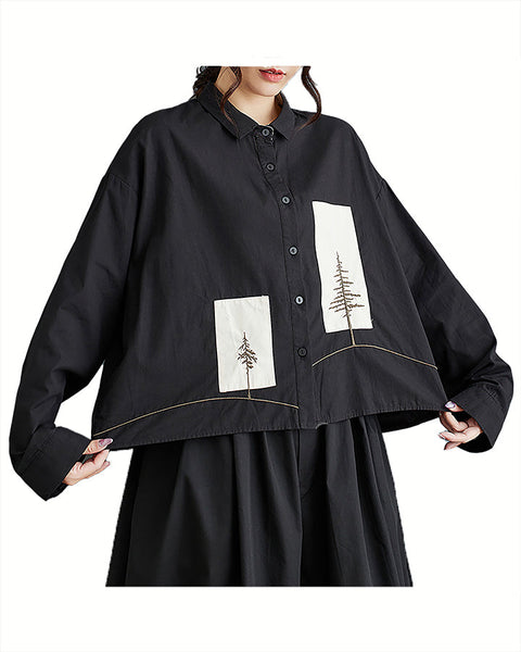 ellazhu Women's Shirt Patterned Lapel Button Down Long Sleeve Cotton Straight Hem Loose Casual Tops GZ372 Black