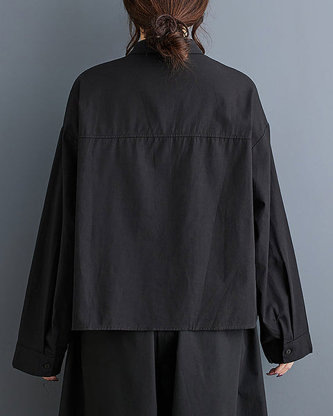ellazhu Women's Shirt Patterned Lapel Button Down Long Sleeve Cotton Straight Hem Loose Casual Tops GZ372 Black
