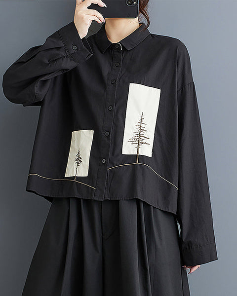 ellazhu Women's Shirt Patterned Lapel Button Down Long Sleeve Cotton Straight Hem Loose Casual Tops GZ372 Black