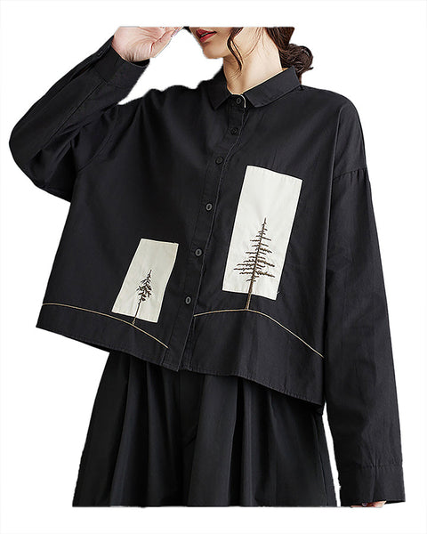 ellazhu Women's Shirt Patterned Lapel Button Down Long Sleeve Cotton Straight Hem Loose Casual Tops GZ372 Black