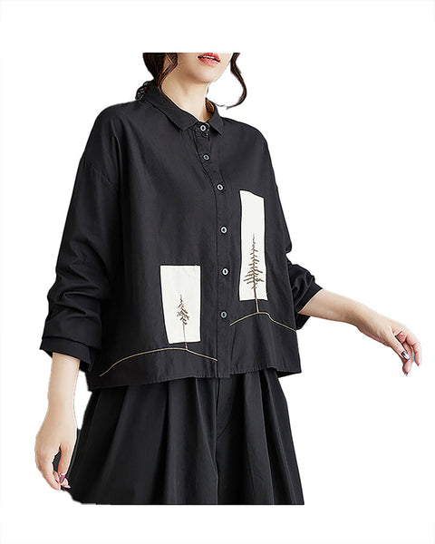 ellazhu Women's Shirt Patterned Lapel Button Down Long Sleeve Cotton Straight Hem Loose Casual Tops GZ372 Black