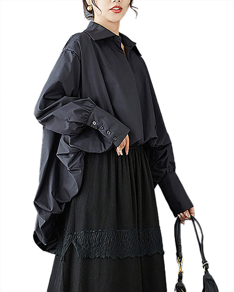 ellazhu Women's Lapel Long Sleeve Solid High Low Ruffle Hem Casual Loose GZ391 Black