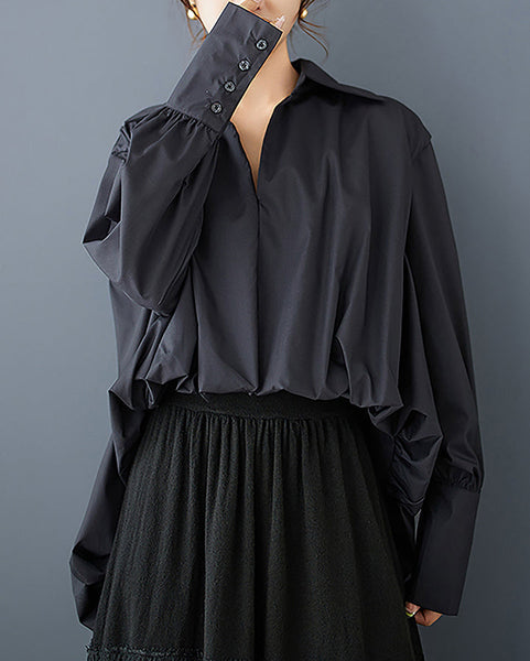 ellazhu Women's Lapel Long Sleeve Solid High Low Ruffle Hem Casual Loose GZ391 Black