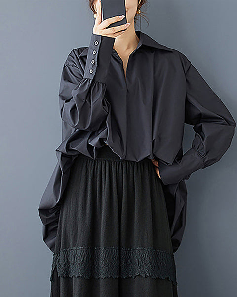 ellazhu Women's Lapel Long Sleeve Solid High Low Ruffle Hem Casual Loose GZ391 Black