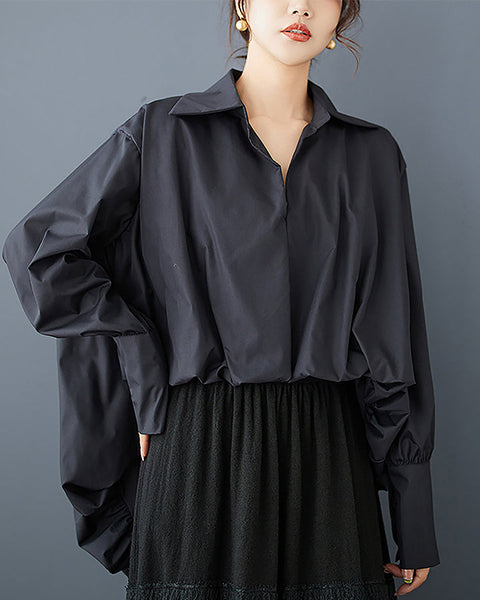 ellazhu Women's Lapel Long Sleeve Solid High Low Ruffle Hem Casual Loose GZ391 Black