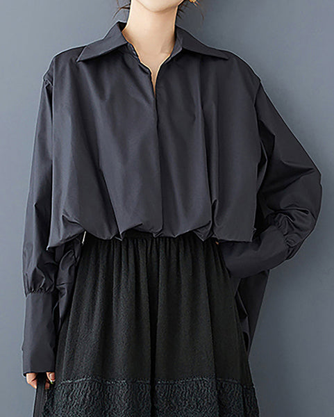ellazhu Women's Lapel Long Sleeve Solid High Low Ruffle Hem Casual Loose GZ391 Black