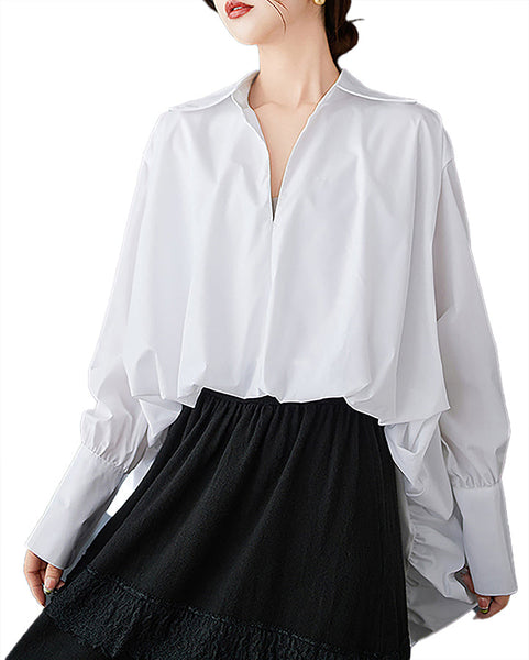 ellazhu Women's Lapel Long Sleeve Solid High Low Ruffle Hem Casual Loose GZ391 Black