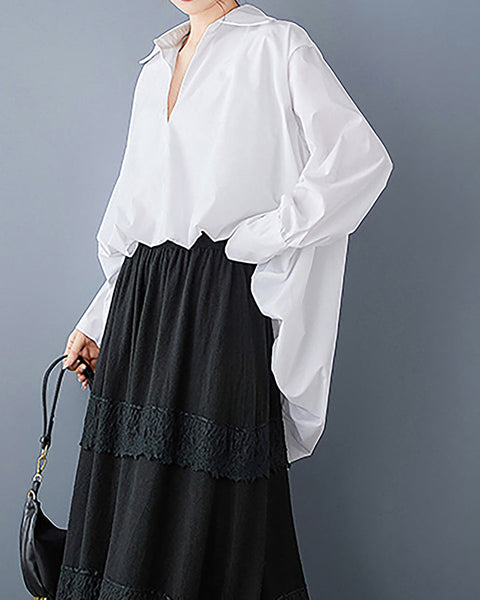ellazhu Women's Lapel Long Sleeve Solid High Low Ruffle Hem Casual Loose GZ391 Black