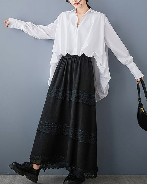 ellazhu Women's Lapel Long Sleeve Solid High Low Ruffle Hem Casual Loose GZ391 Black