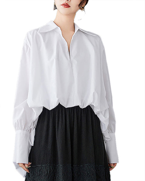 ellazhu Women's Lapel Long Sleeve Solid High Low Ruffle Hem Casual Loose GZ391 Black