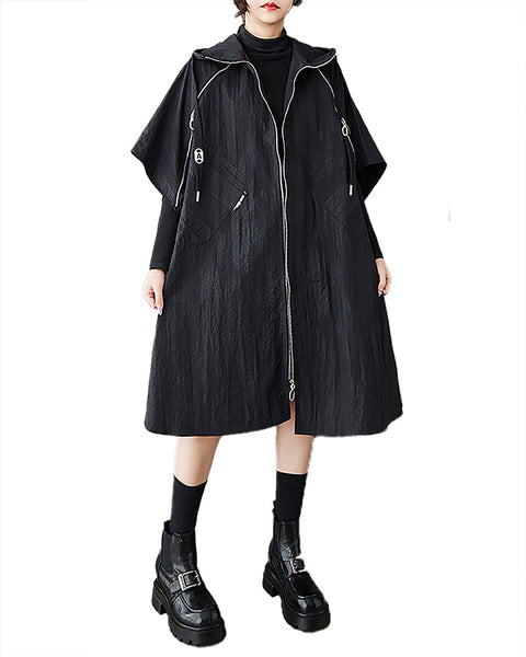 ellazhu Women's Coat Turtleneck Batwing Sleeve Solid Zip Up Two Side Pockets Flowy Hem GZ395 Black