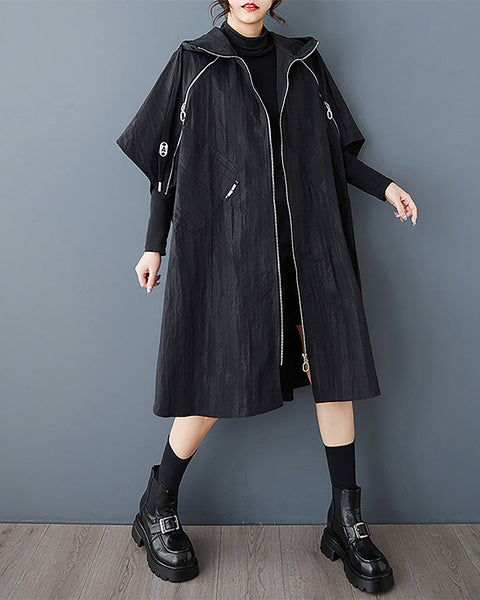 ellazhu Women's Coat Turtleneck Batwing Sleeve Solid Zip Up Two Side Pockets Flowy Hem GZ395 Black