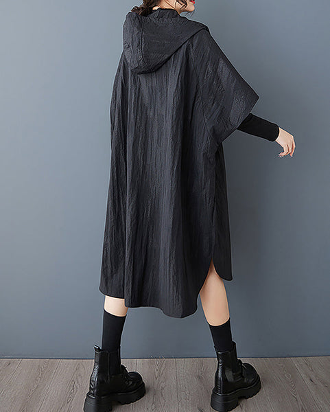 ellazhu Women's Coat Turtleneck Batwing Sleeve Solid Zip Up Two Side Pockets Flowy Hem GZ395 Black