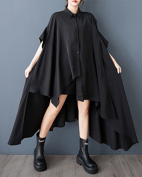 ellazhu Women's Shirts Lapel Button Down Batwing Short Sleeve Solid High Low Hem Maxi Loose Casual GZ419 Black