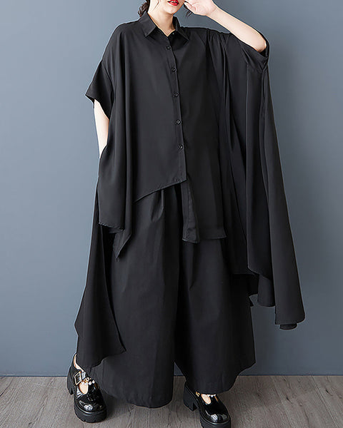 ellazhu Women's Shirts Lapel Button Down Batwing Short Sleeve Solid High Low Hem Maxi Loose Casual GZ419 Black