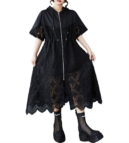 ellazhu Women's Dress Hooded Short Sleeve Hollow Out Flower Petal Patchwork Zip Up GZ495 Black