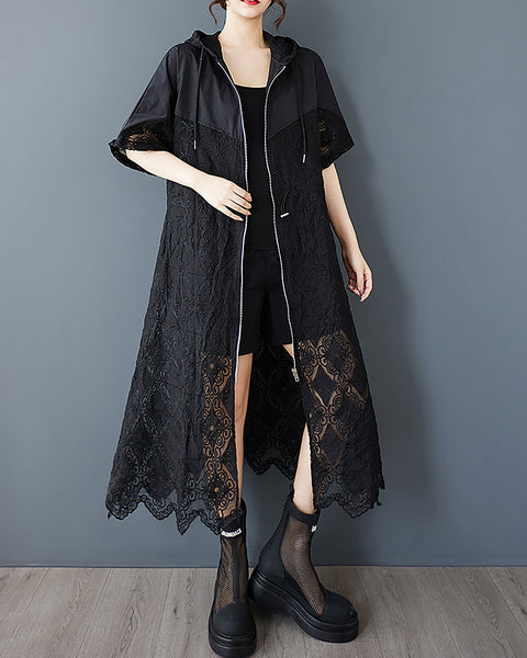 ellazhu Women's Dress Hooded Short Sleeve Hollow Out Flower Petal Patchwork Zip Up GZ495 Black