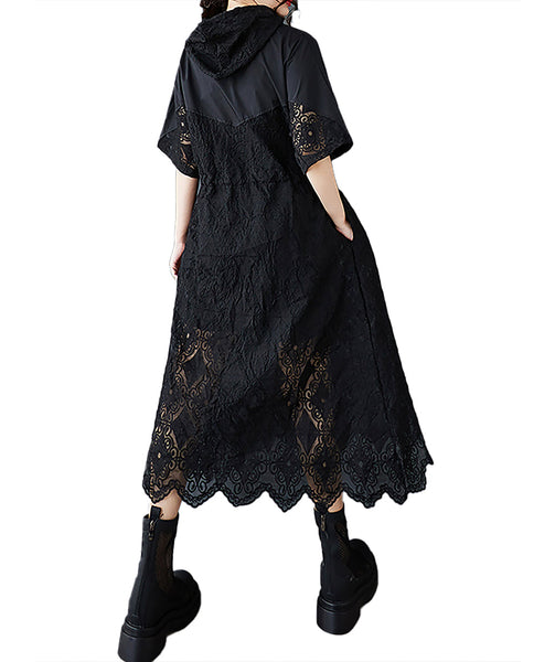 ellazhu Women's Dress Hooded Short Sleeve Hollow Out Flower Petal Patchwork Zip Up GZ495 Black