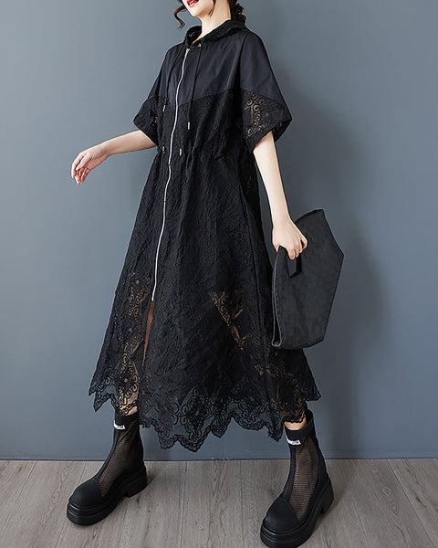 ellazhu Women's Dress Hooded Short Sleeve Hollow Out Flower Petal Patchwork Zip Up GZ495 Black