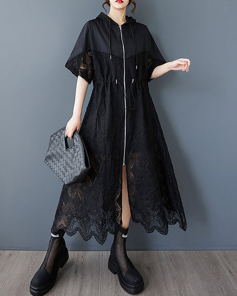 ellazhu Women's Dress Hooded Short Sleeve Hollow Out Flower Petal Patchwork Zip Up GZ495 Black