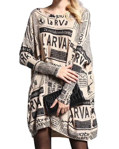 ❤ellazhu Women Long Sleeve Newspaper Painting Sweater Sweatshirts DH40