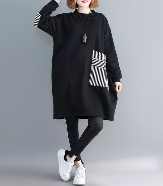 ❤ellazhu Women Casual Baggy Pullover Dress Striped Pocket GA1271