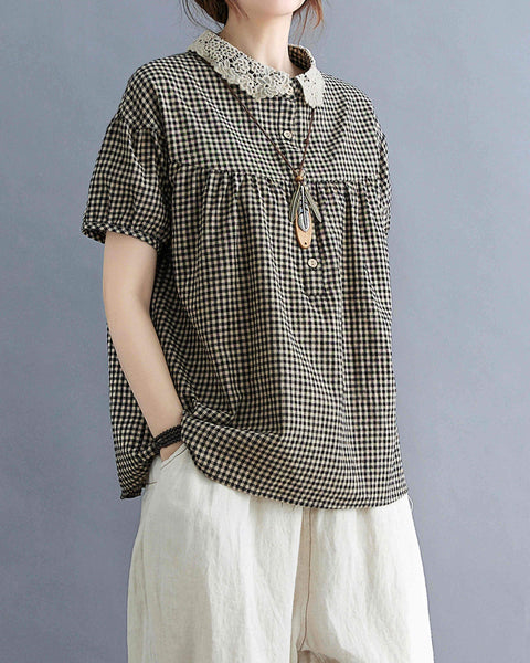 ellazhu Women Short Sleeve Plaid Shirt Blouse GA2299