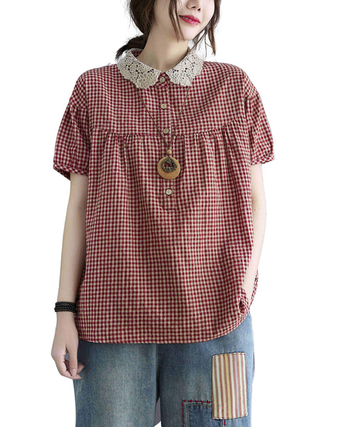 ellazhu Women Short Sleeve Plaid Shirt Blouse GA2299