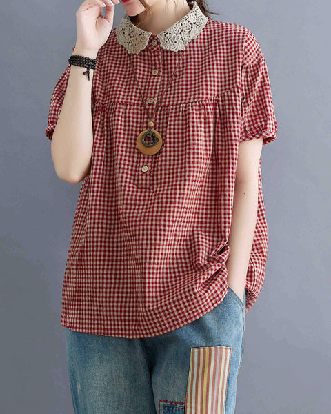 ellazhu Women Short Sleeve Plaid Shirt Blouse GA2299