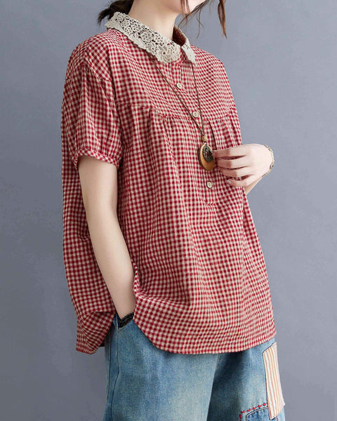 ellazhu Women Short Sleeve Plaid Shirt Blouse GA2299
