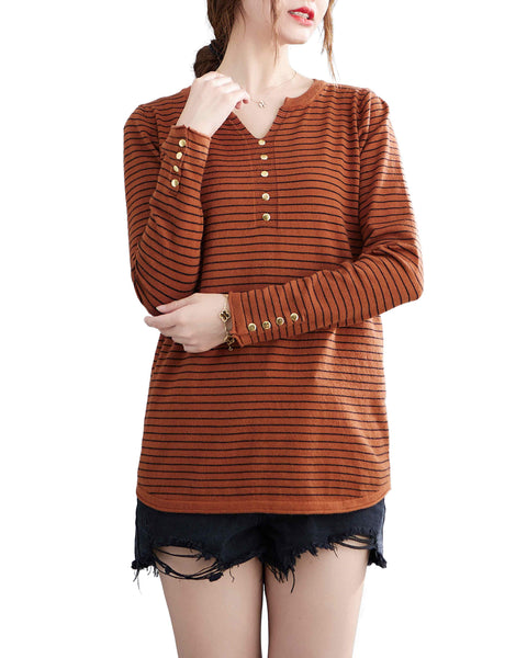 ellazhu Women Long Sleeve V-Neck Fall Stripe Sweatshirt GA2420
