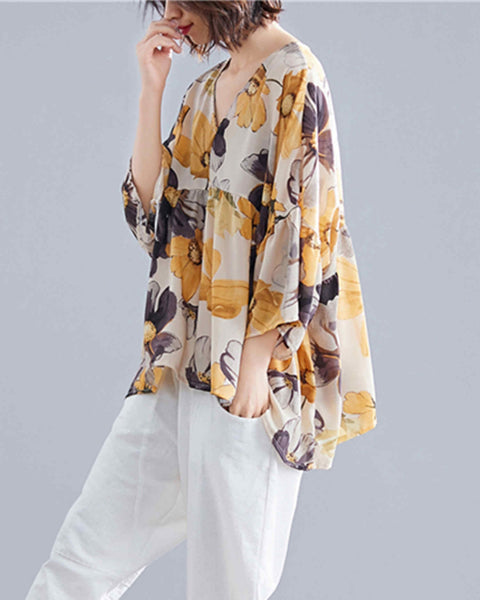 ellazhu Women's Long Sleeve Floral Printed Blouse V-Neck Top GA2494