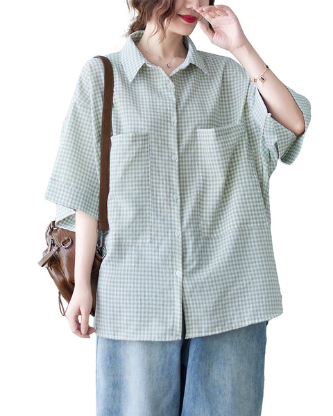 ellazhu Women Short Sleeve Plaid Button Down Tops Shirt Blouse GA2536