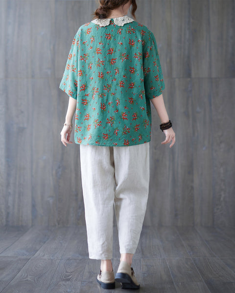 ellazhu Women Short Sleeves Tops Floral Print T-Shirt Blouse GA2564