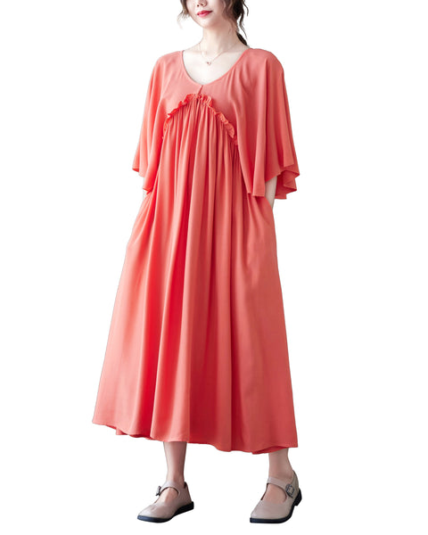 ellazhu Womens Loose Casual V Neck Short Sleeve Midi Summer Dress GA2608