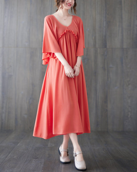 ellazhu Womens Loose Casual V Neck Short Sleeve Midi Summer Dress GA2608