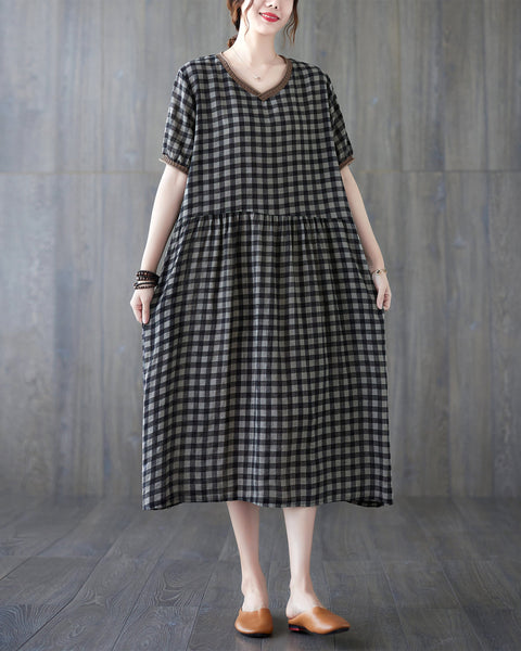 ellazhu Womens Loose Casual V Neck Print Plaid Short Sleeve Midi Summer Dress GA2610