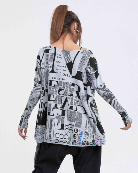 ❤ellazhu Women's Long Sleeve Sweater Newspaper Painting Pullover Oversized Shirt GY2753