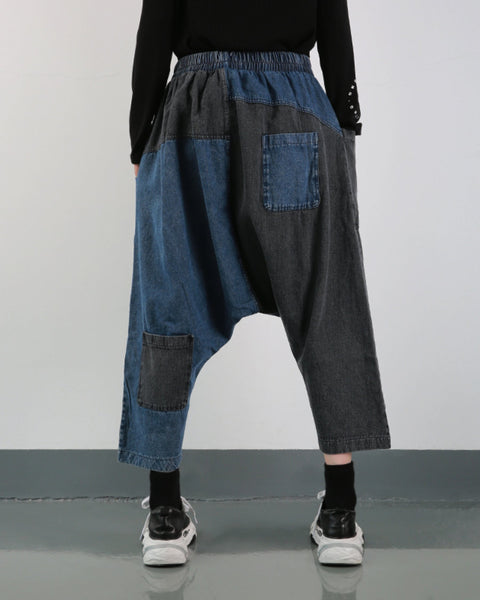 ellazhu Women's Harem Cropped Pants Denim Baggy Patchwork Elastic Waist Pull-on Jeans GY2794