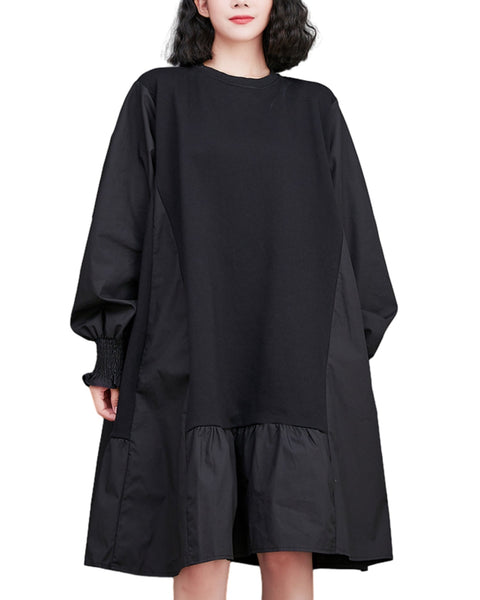 ellazhu Women's Autumn Crew Neck Solid Patchwork Sweatshirt Midi Dress GZ10