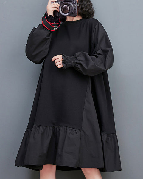 ellazhu Women's Autumn Crew Neck Solid Patchwork Sweatshirt Midi Dress GZ10