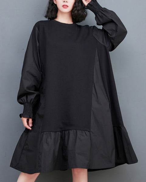 ellazhu Women's Autumn Crew Neck Solid Patchwork Sweatshirt Midi Dress GZ10