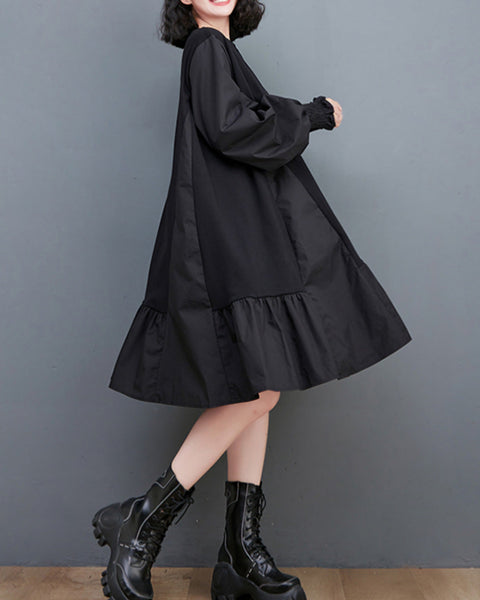 ellazhu Women's Autumn Crew Neck Solid Patchwork Sweatshirt Midi Dress GZ10