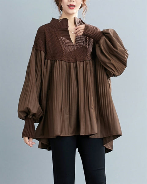 ellazhu Women's Patchwork Pullover V-Neck Puffy Knitted Shirt Tops GZ57