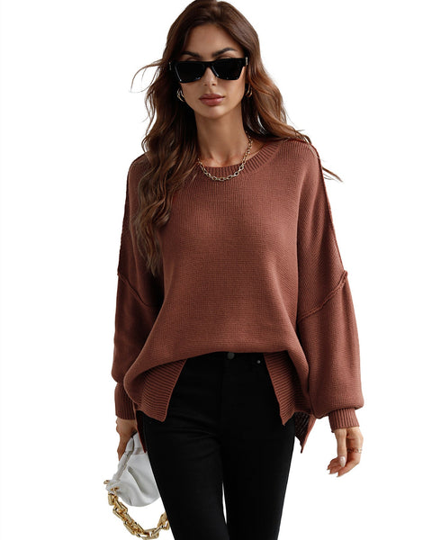 ellazhu Womens Casual Long Sleeve Crewneck Pullover Knit Sweater Side Slit Tops MY01