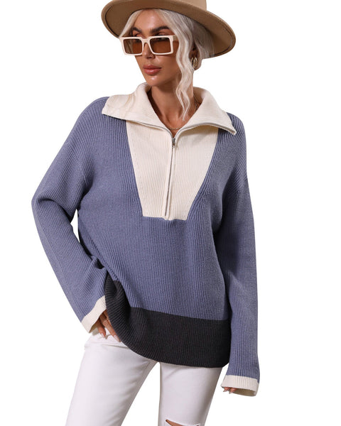 ellazhu Womens Sweater Half Zip Patchwork Casual Long Sleeve Crewneck Pullover Knit MY05